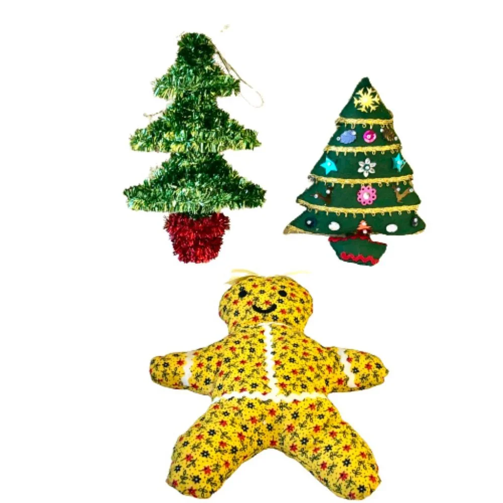 Vintage Christmas Ornaments Fabric & Tinsel Trees and Gingerbread Lot of 3
